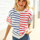 Patriotic Red & Blue Stripe Drop Shoulder Oversize Sweater Top - DAVERRI FASHIONS