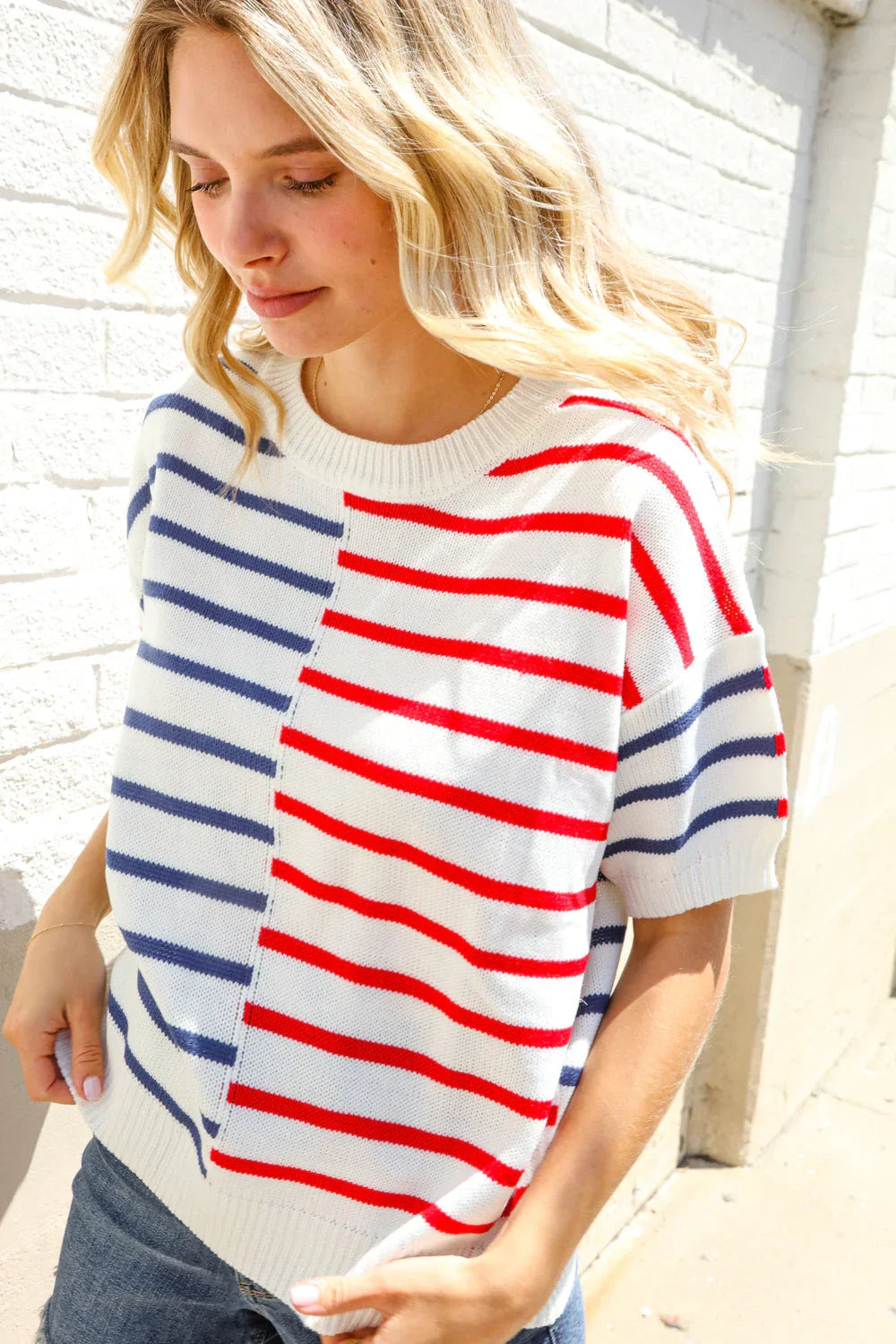 Patriotic Red & Blue Stripe Drop Shoulder Oversize Sweater Top | Daverri Fashions