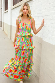 Sunny Days Abstract Print Tiered Ruffle Smocked Sleeveless Maxi | Daverri Fashions