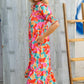 Dazzle In Orange & Aqua Floral Smocked Notched Neck Midi Dress - DAVERRI FASHIONS