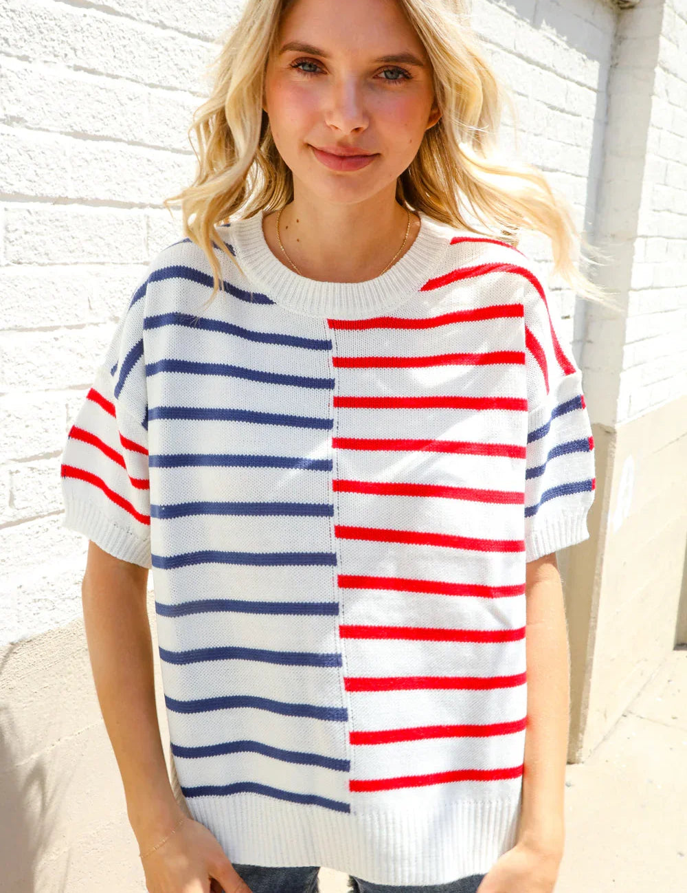 Patriotic Red & Blue Stripe Drop Shoulder Oversize Sweater Top | Daverri Fashions