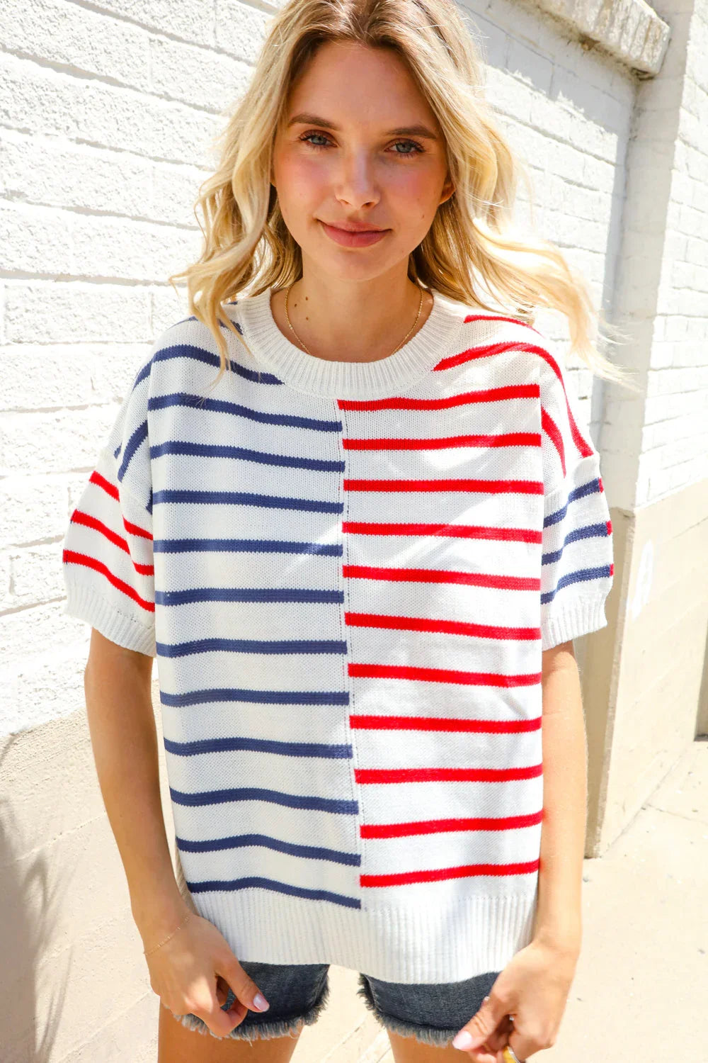 Patriotic Red & Blue Stripe Drop Shoulder Oversize Sweater Top | Daverri Fashions