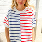 Patriotic Red & Blue Stripe Drop Shoulder Oversize Sweater Top - DAVERRI FASHIONS