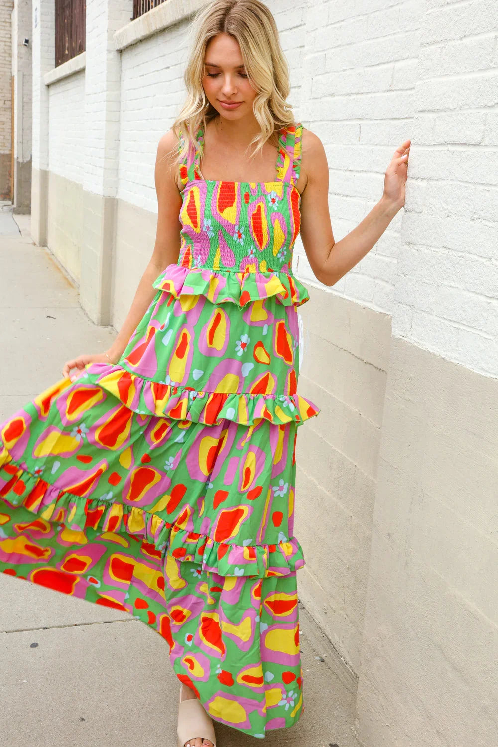 Sunny Days Abstract Print Tiered Ruffle Smocked Sleeveless Maxi | Daverri Fashions