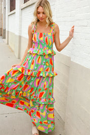 Sunny Days Abstract Print Tiered Ruffle Smocked Sleeveless Maxi | Daverri Fashions