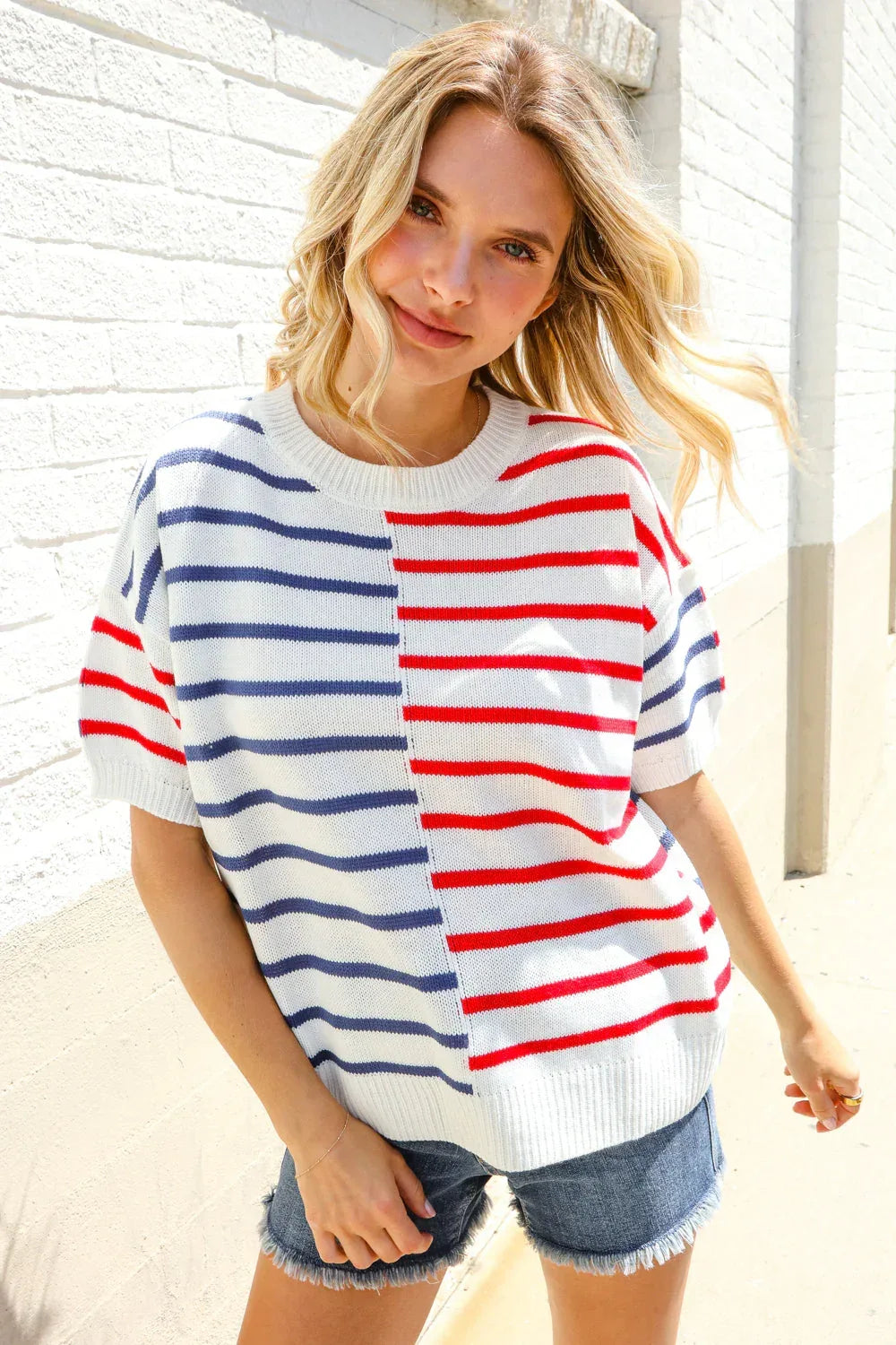 Patriotic Red & Blue Stripe Drop Shoulder Oversize Sweater Top - DAVERRI FASHIONS