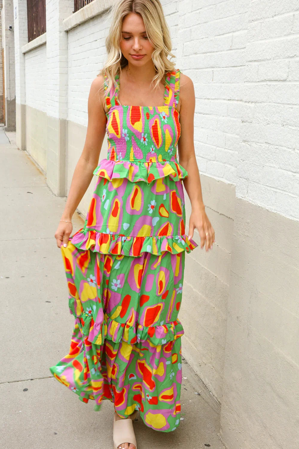 Sunny Days Abstract Print Tiered Ruffle Smocked Sleeveless Maxi | Daverri Fashions