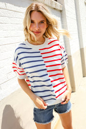 Patriotic Red & Blue Stripe Drop Shoulder Oversize Sweater Top | Daverri Fashions
