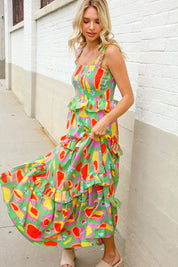Sunny Days Abstract Print Tiered Ruffle Smocked Sleeveless Maxi | Daverri Fashions