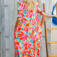 Dazzle In Orange & Aqua Floral Smocked Notched Neck Midi Dress - DAVERRI FASHIONS