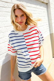Patriotic Red & Blue Stripe Drop Shoulder Oversize Sweater Top | Daverri Fashions