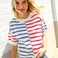 Patriotic Red & Blue Stripe Drop Shoulder Oversize Sweater Top - DAVERRI FASHIONS