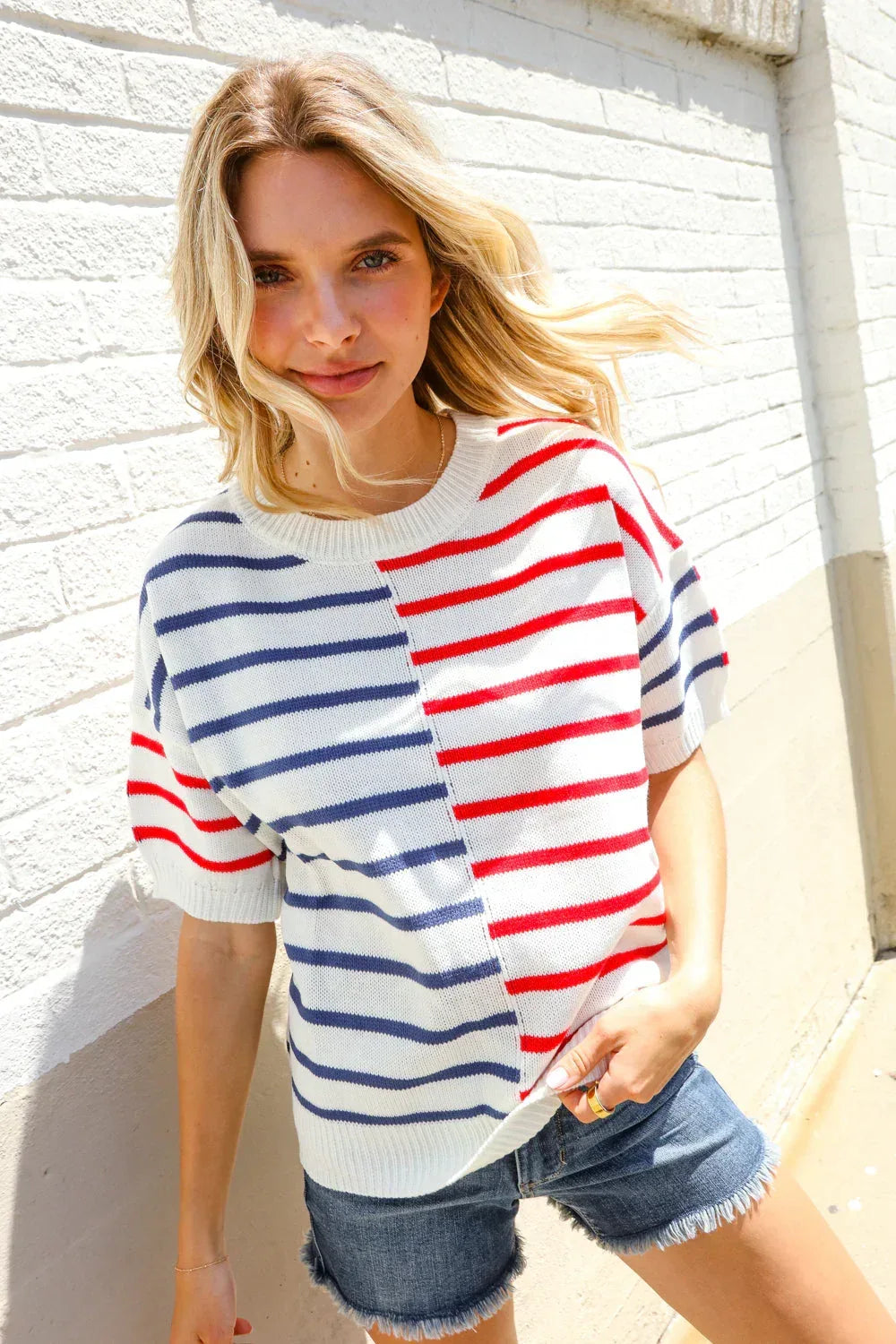 Patriotic Red & Blue Stripe Drop Shoulder Oversize Sweater Top - DAVERRI FASHIONS