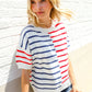 Patriotic Red & Blue Stripe Drop Shoulder Oversize Sweater Top - DAVERRI FASHIONS