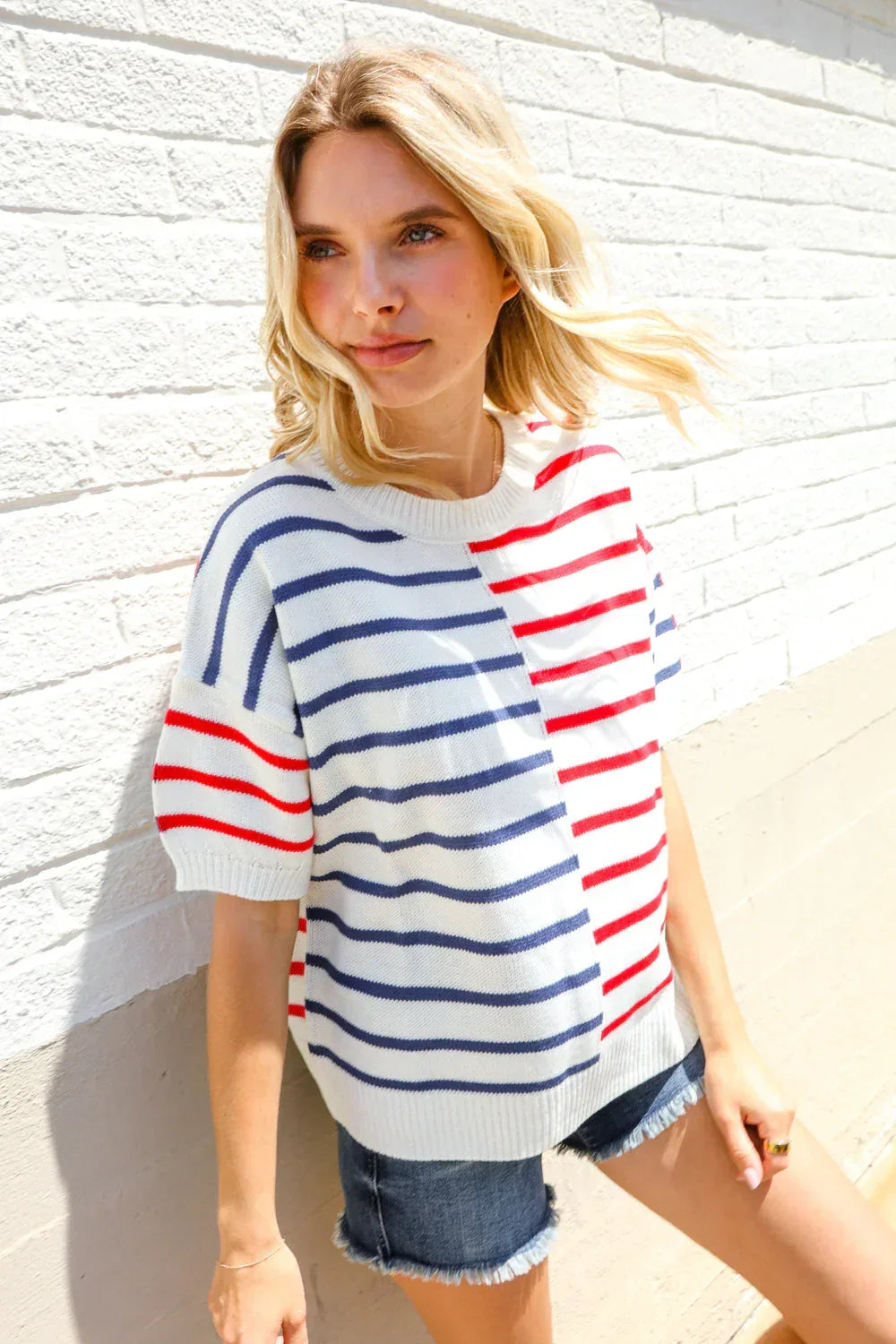 Patriotic Red & Blue Stripe Drop Shoulder Oversize Sweater Top - DAVERRI FASHIONS