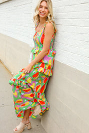 Sunny Days Abstract Print Tiered Ruffle Smocked Sleeveless Maxi | Daverri Fashions