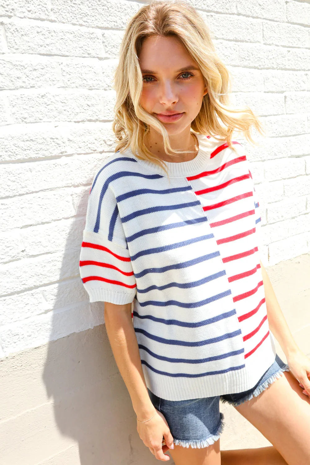 Patriotic Red & Blue Stripe Drop Shoulder Oversize Sweater Top | Daverri Fashions