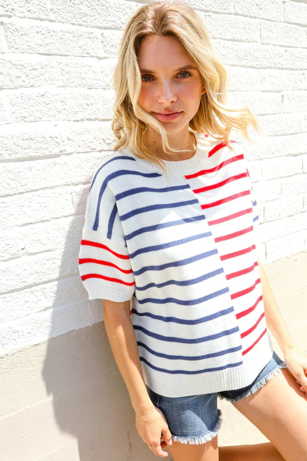Patriotic Red & Blue Stripe Drop Shoulder Oversize Sweater Top - DAVERRI FASHIONS