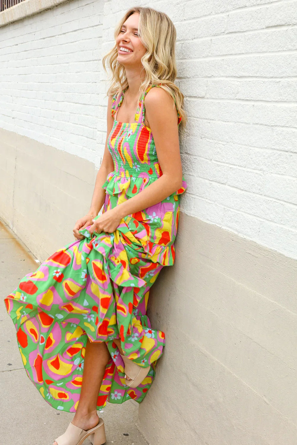 Sunny Days Abstract Print Tiered Ruffle Smocked Sleeveless Maxi | Daverri Fashions