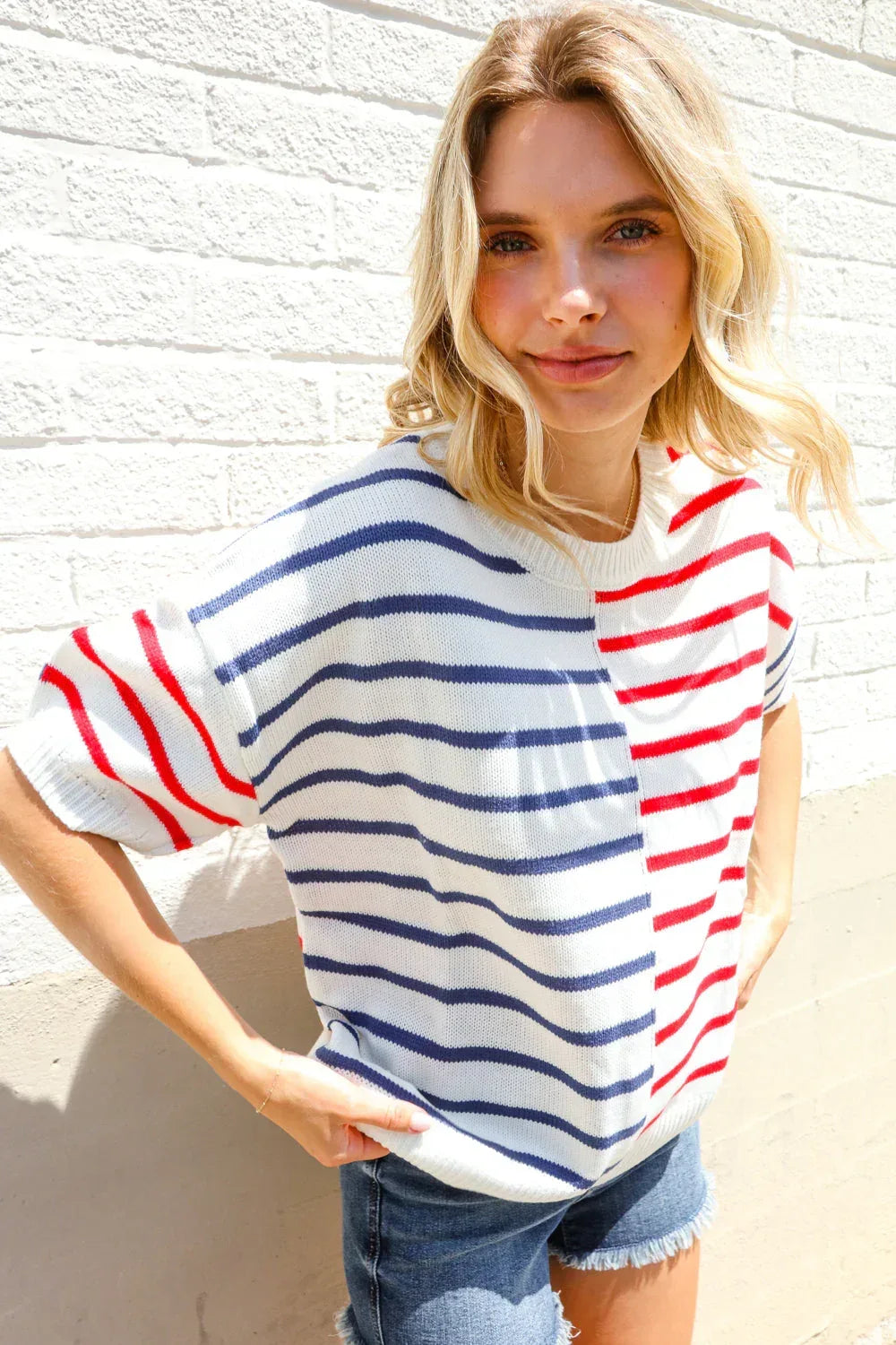 Patriotic Red & Blue Stripe Drop Shoulder Oversize Sweater Top - DAVERRI FASHIONS