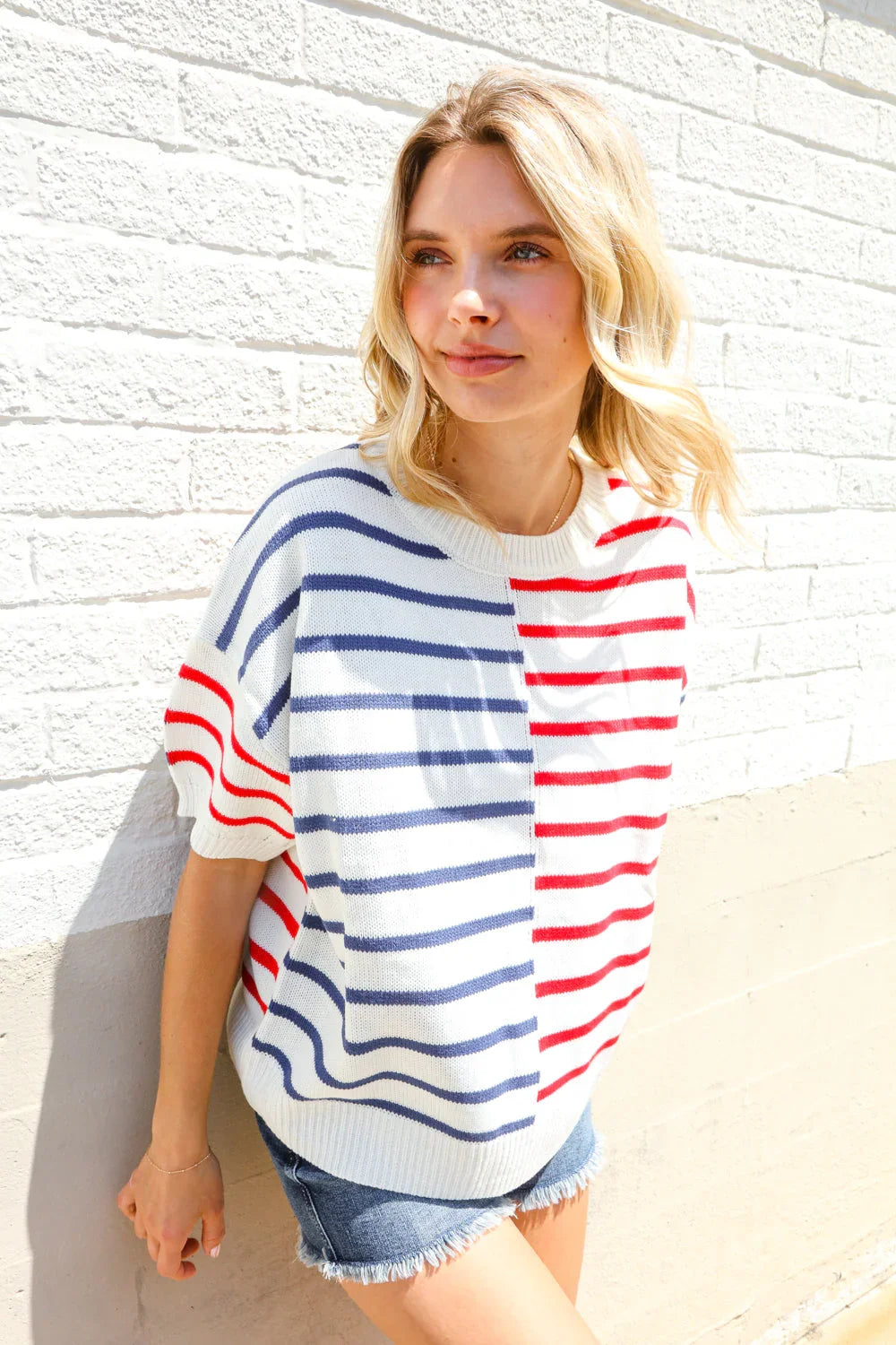 Patriotic Red & Blue Stripe Drop Shoulder Oversize Sweater Top | Daverri Fashions