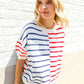 Patriotic Red & Blue Stripe Drop Shoulder Oversize Sweater Top - DAVERRI FASHIONS