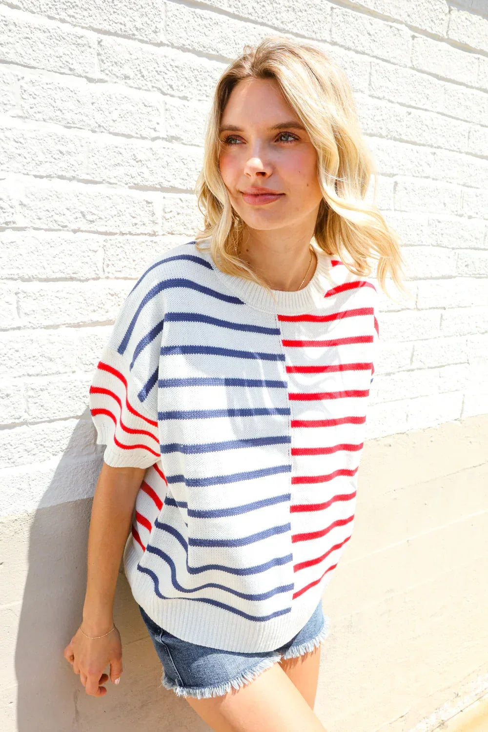Patriotic Red & Blue Stripe Drop Shoulder Oversize Sweater Top - DAVERRI FASHIONS