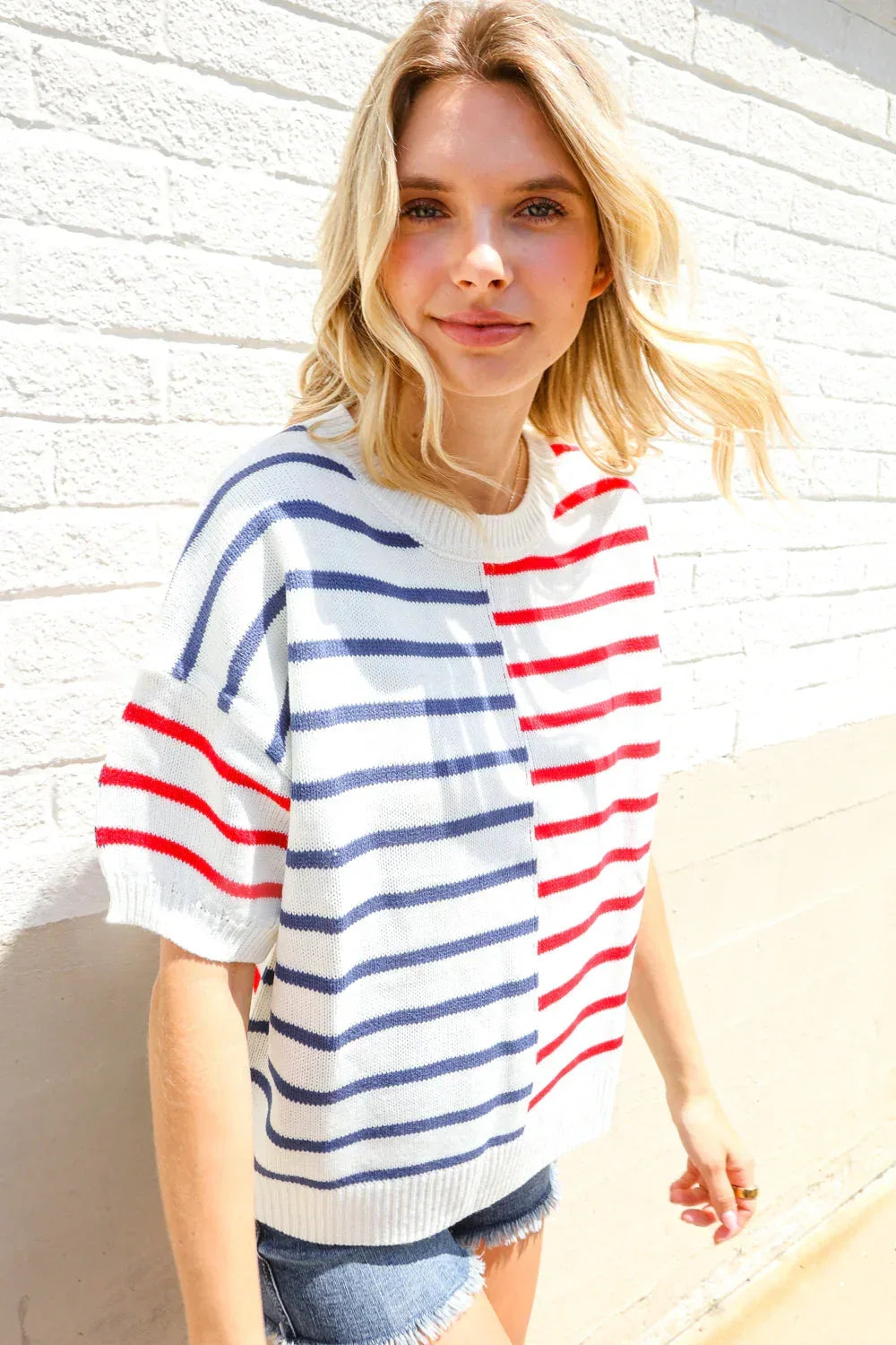 Patriotic Red & Blue Stripe Drop Shoulder Oversize Sweater Top - DAVERRI FASHIONS