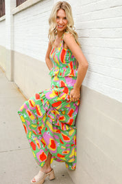 Sunny Days Abstract Print Tiered Ruffle Smocked Sleeveless Maxi | Daverri Fashions