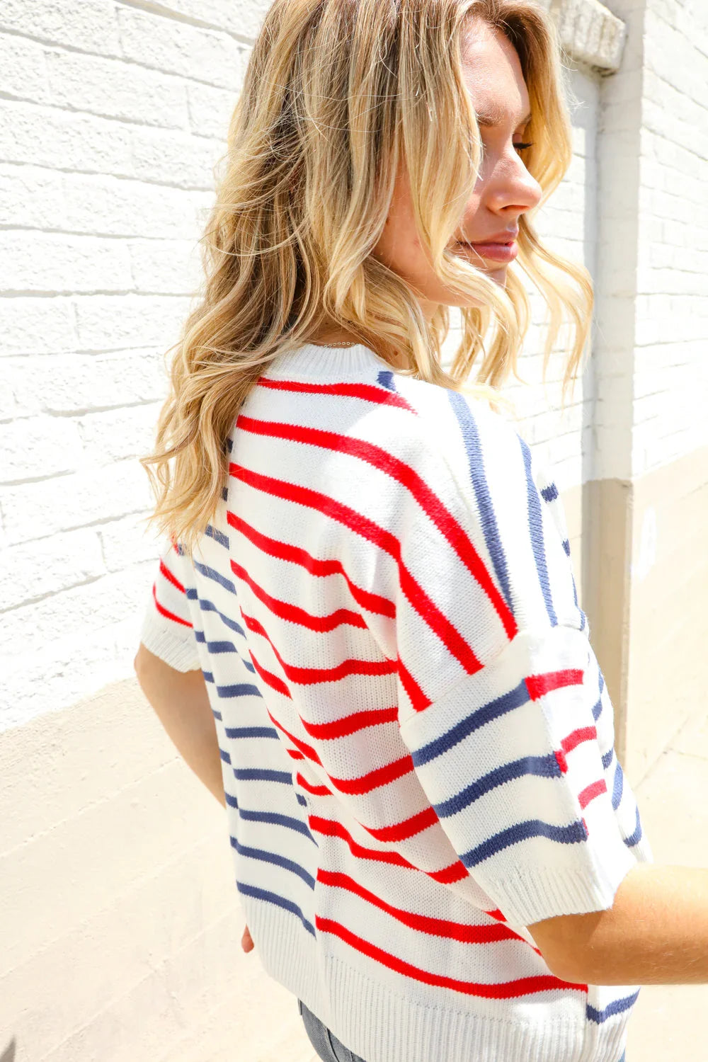 Patriotic Red & Blue Stripe Drop Shoulder Oversize Sweater Top | Daverri Fashions