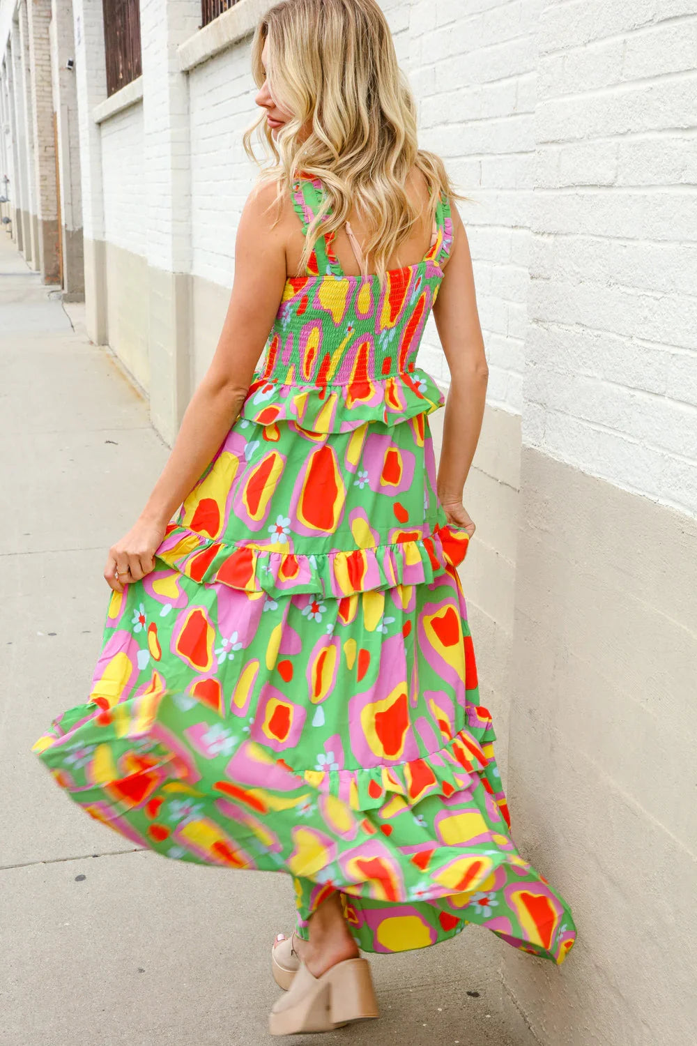 Sunny Days Abstract Print Tiered Ruffle Smocked Sleeveless Maxi | Daverri Fashions