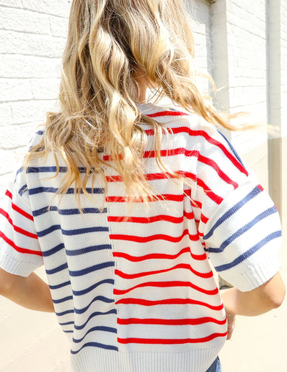 Patriotic Red & Blue Stripe Drop Shoulder Oversize Sweater Top | Daverri Fashions