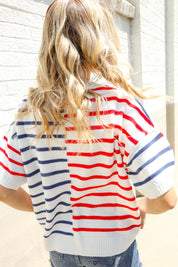 Patriotic Red & Blue Stripe Drop Shoulder Oversize Sweater Top | Daverri Fashions