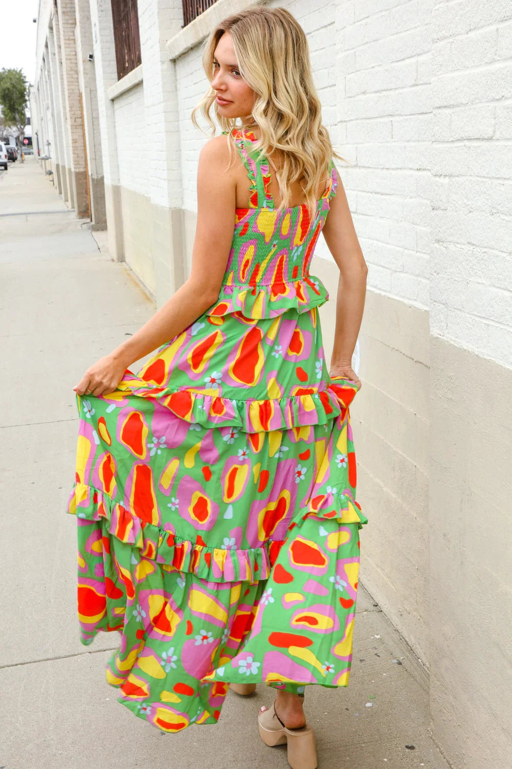 Sunny Days Abstract Print Tiered Ruffle Smocked Sleeveless Maxi | Daverri Fashions