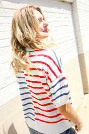 Patriotic Red & Blue Stripe Drop Shoulder Oversize Sweater Top | Daverri Fashions