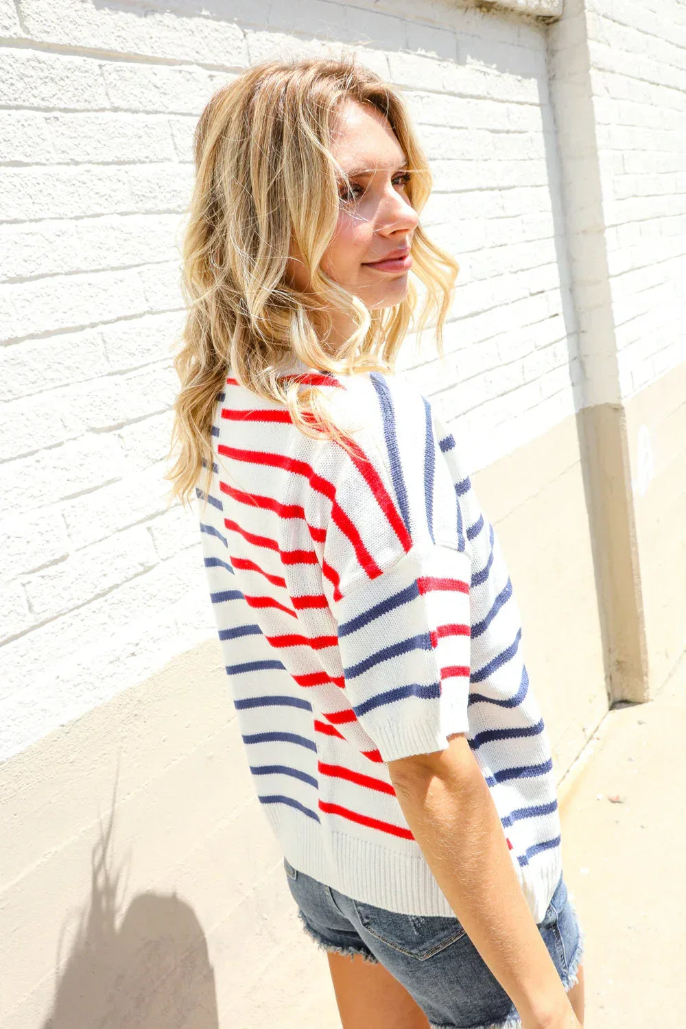 Patriotic Red & Blue Stripe Drop Shoulder Oversize Sweater Top - DAVERRI FASHIONS