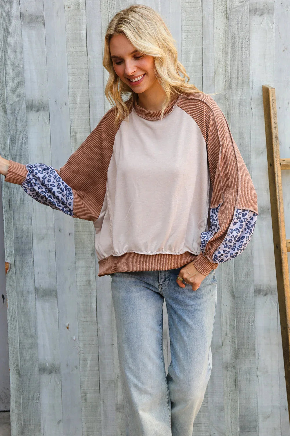 Lock Eyes Taupe & Animal Print Dolman Colorblock Terry Top | Daverri Fashions