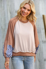 Lock Eyes Taupe & Animal Print Dolman Colorblock Terry Top | Daverri Fashions