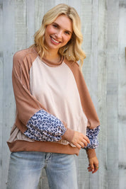 Lock Eyes Taupe & Animal Print Dolman Colorblock Terry Top | Daverri Fashions