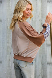 Lock Eyes Taupe & Animal Print Dolman Colorblock Terry Top | Daverri Fashions
