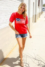 American Flag Bubble Short Sleeve Jacquard Sweater Knit Pullover | Daverri Fashions