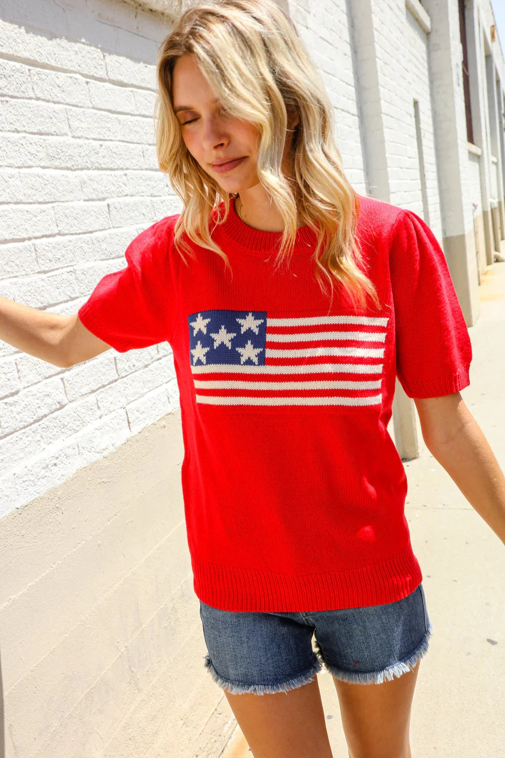 American Flag Bubble Short Sleeve Jacquard Sweater Knit Pullover | Daverri Fashions