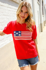 American Flag Bubble Short Sleeve Jacquard Sweater Knit Pullover | Daverri Fashions