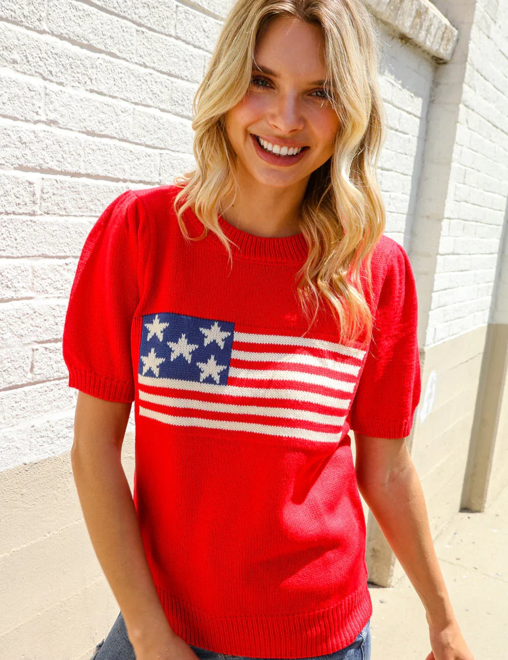 American Flag Bubble Short Sleeve Jacquard Sweater Knit Pullover | Daverri Fashions