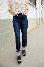 Judy Blue High-Rise Boyfriend Dark Blue Wash Jeans | Daverri Fashions