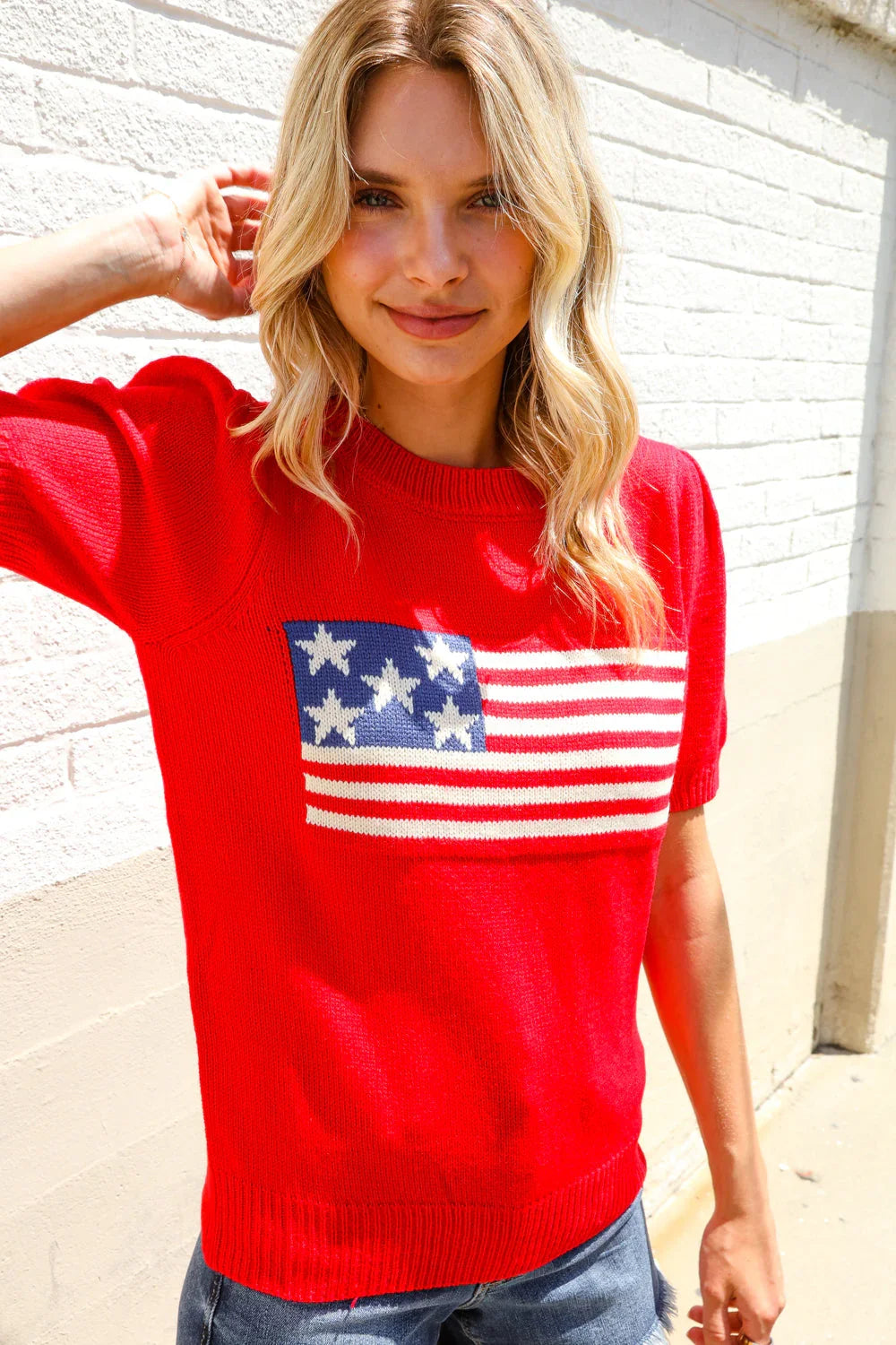American Flag Bubble Short Sleeve Jacquard Sweater Knit Pullover | Daverri Fashions