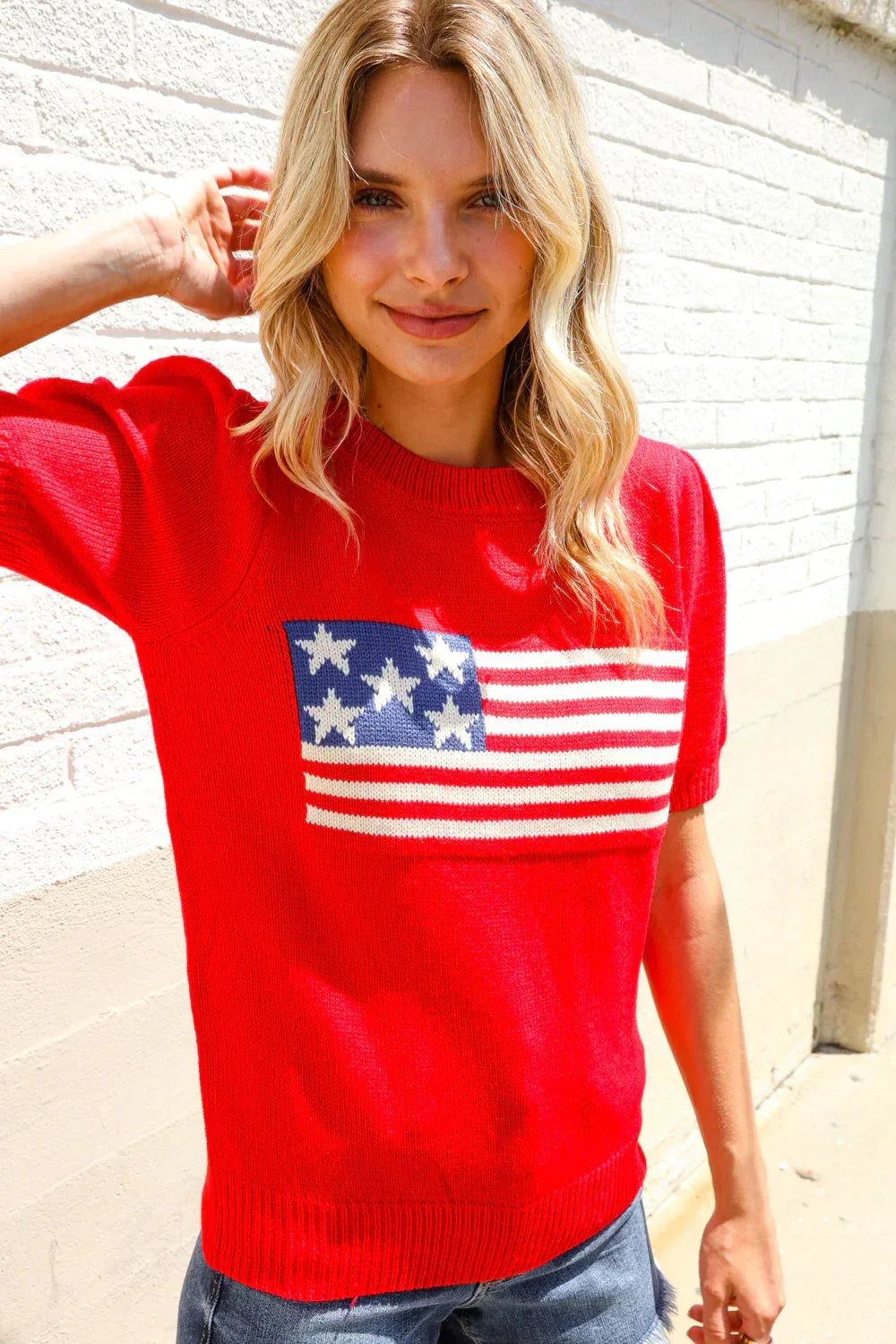 American Flag Bubble Short Sleeve Jacquard Sweater Knit Pullover - DAVERRI FASHIONS