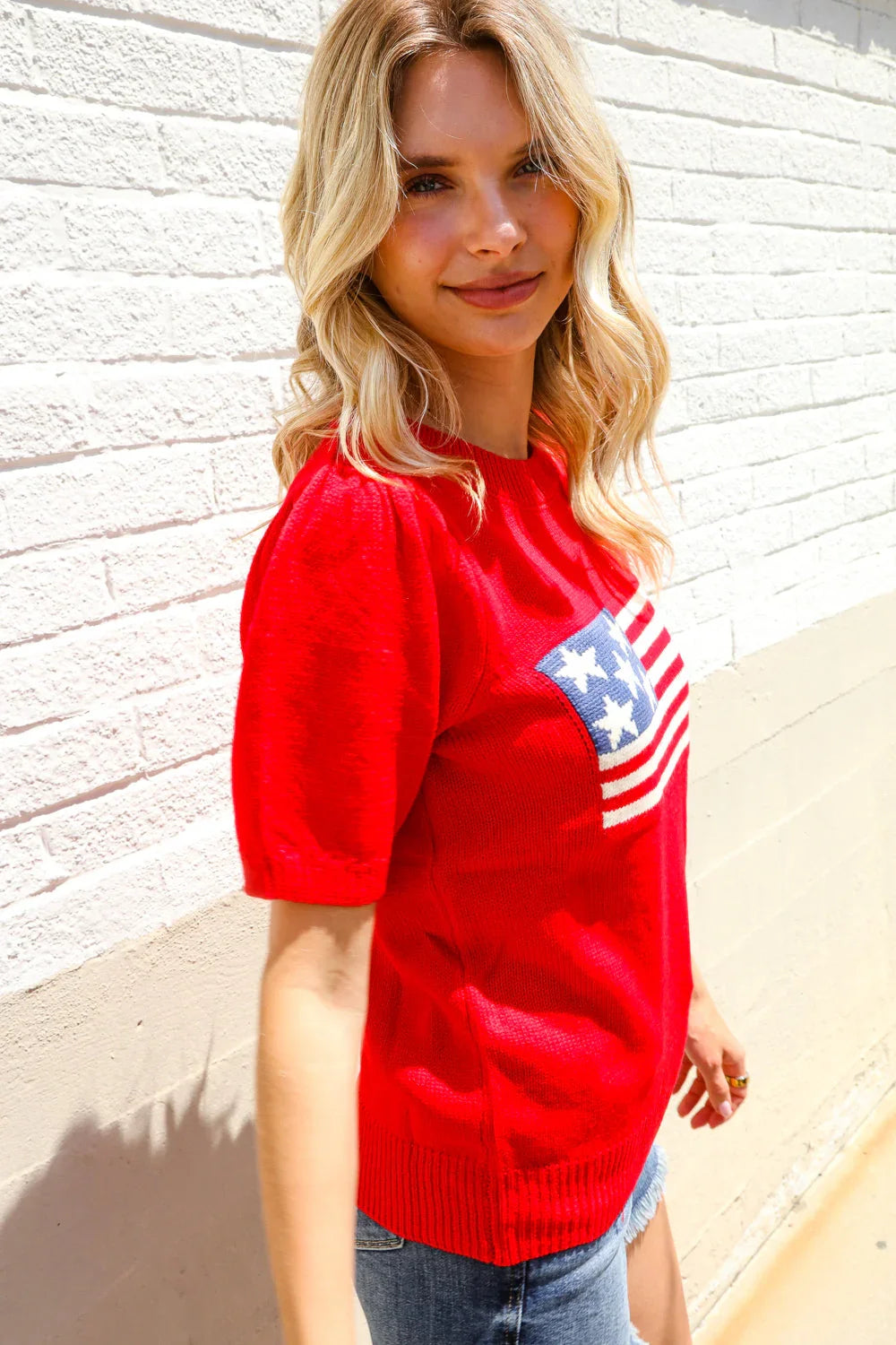 American Flag Bubble Short Sleeve Jacquard Sweater Knit Pullover | Daverri Fashions