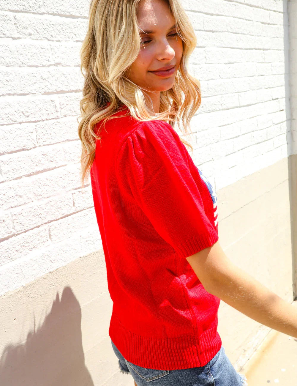 American Flag Bubble Short Sleeve Jacquard Sweater Knit Pullover | Daverri Fashions