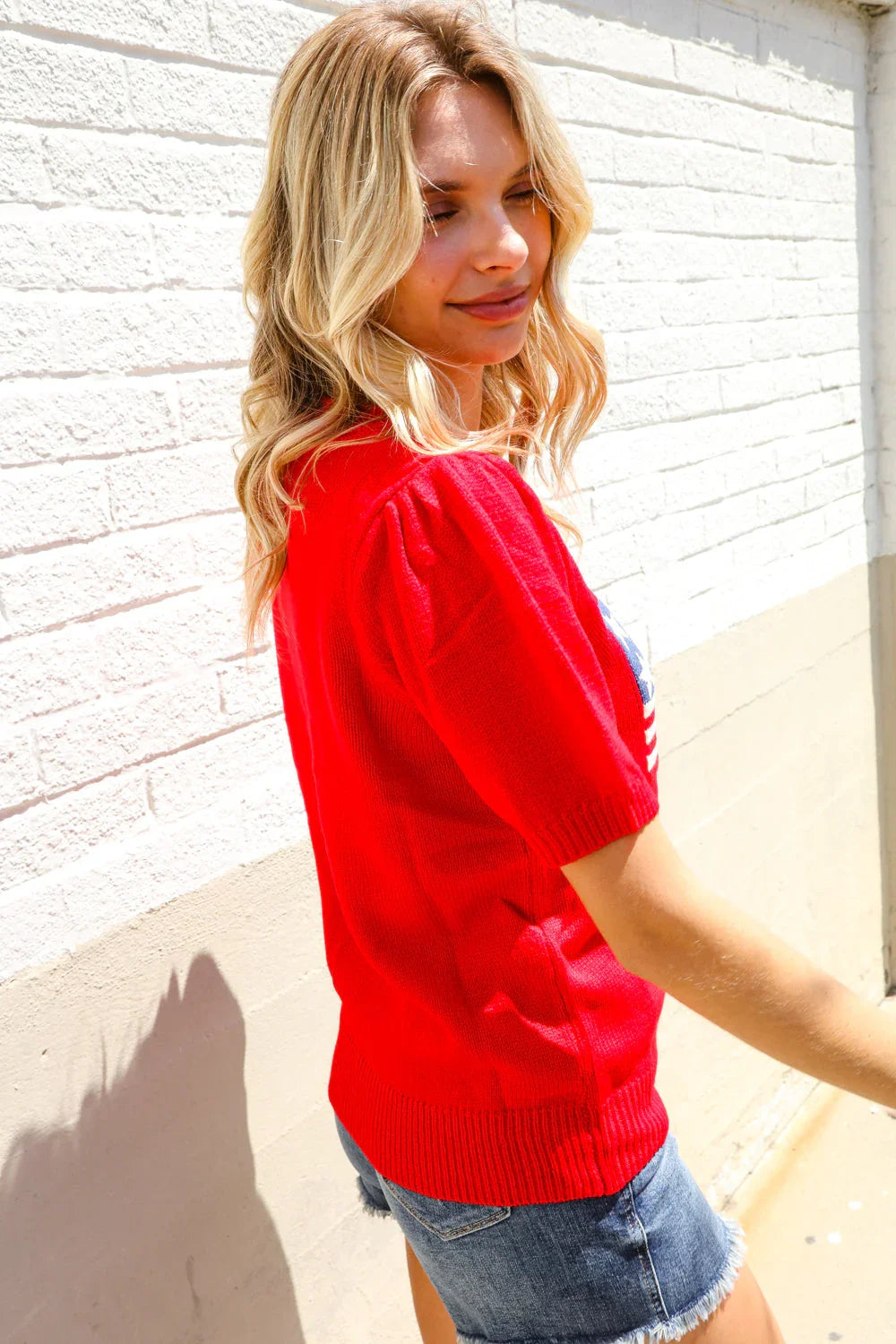 American Flag Bubble Short Sleeve Jacquard Sweater Knit Pullover | Daverri Fashions